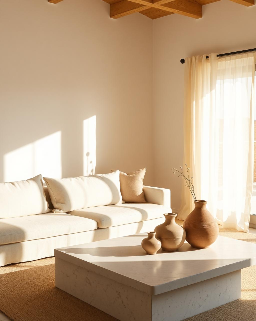 The Juniper Suite interior with linen sofa and ceramic vases in warm natural light